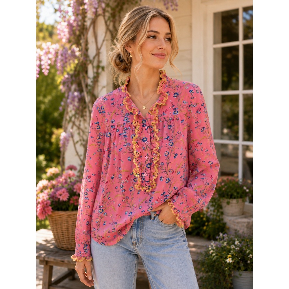J.Crew Liberty Fabric Blouse XS Pink Floral Ruffle Cottagecore Preppy Romantic